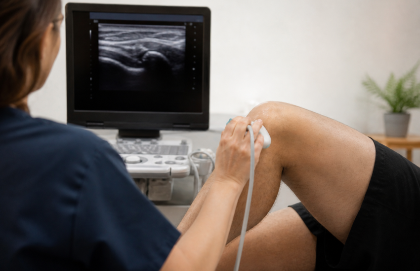 Examen médico de rodilla con ecografía musculoesquelética