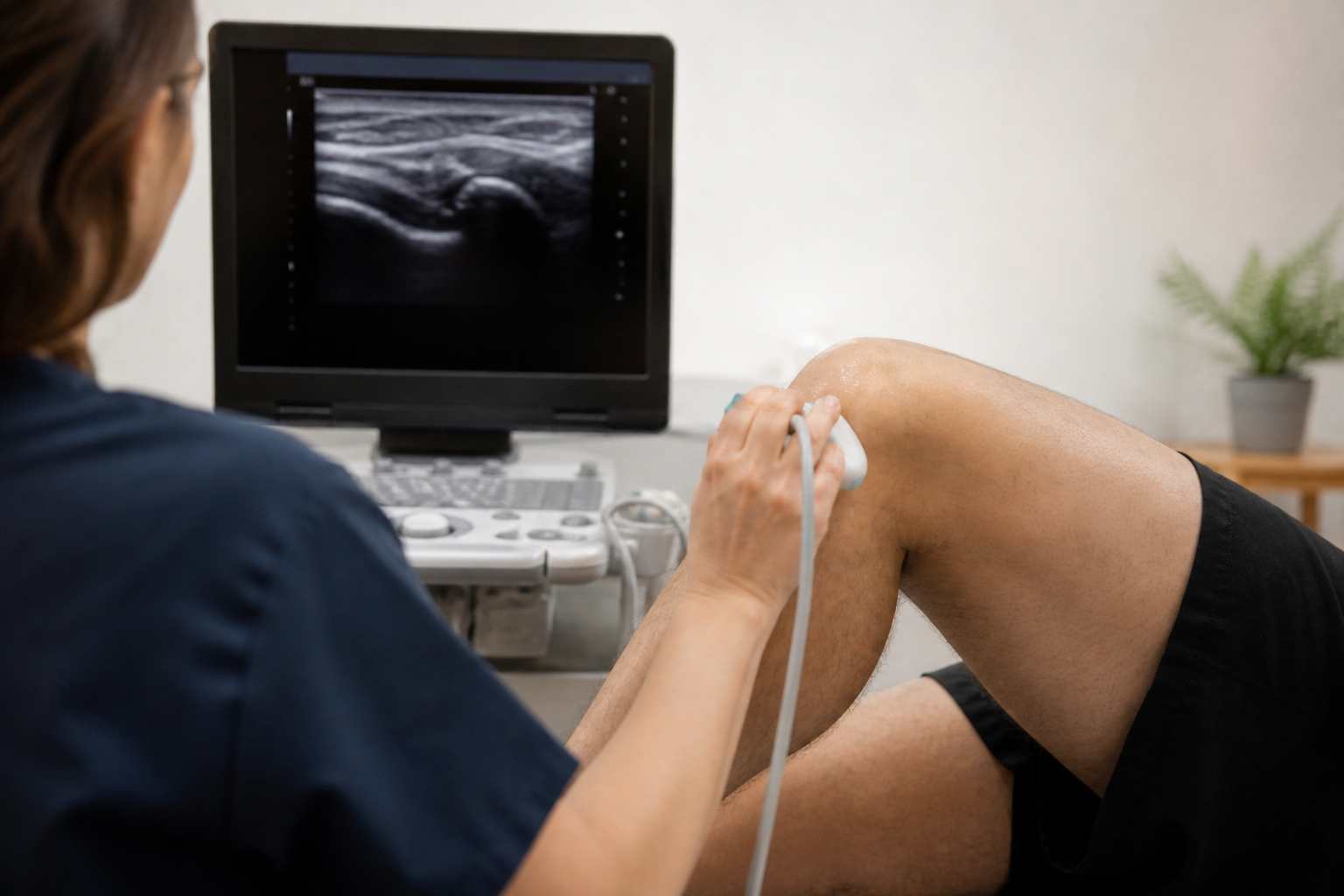 Examen médico de rodilla con ecografía musculoesquelética
